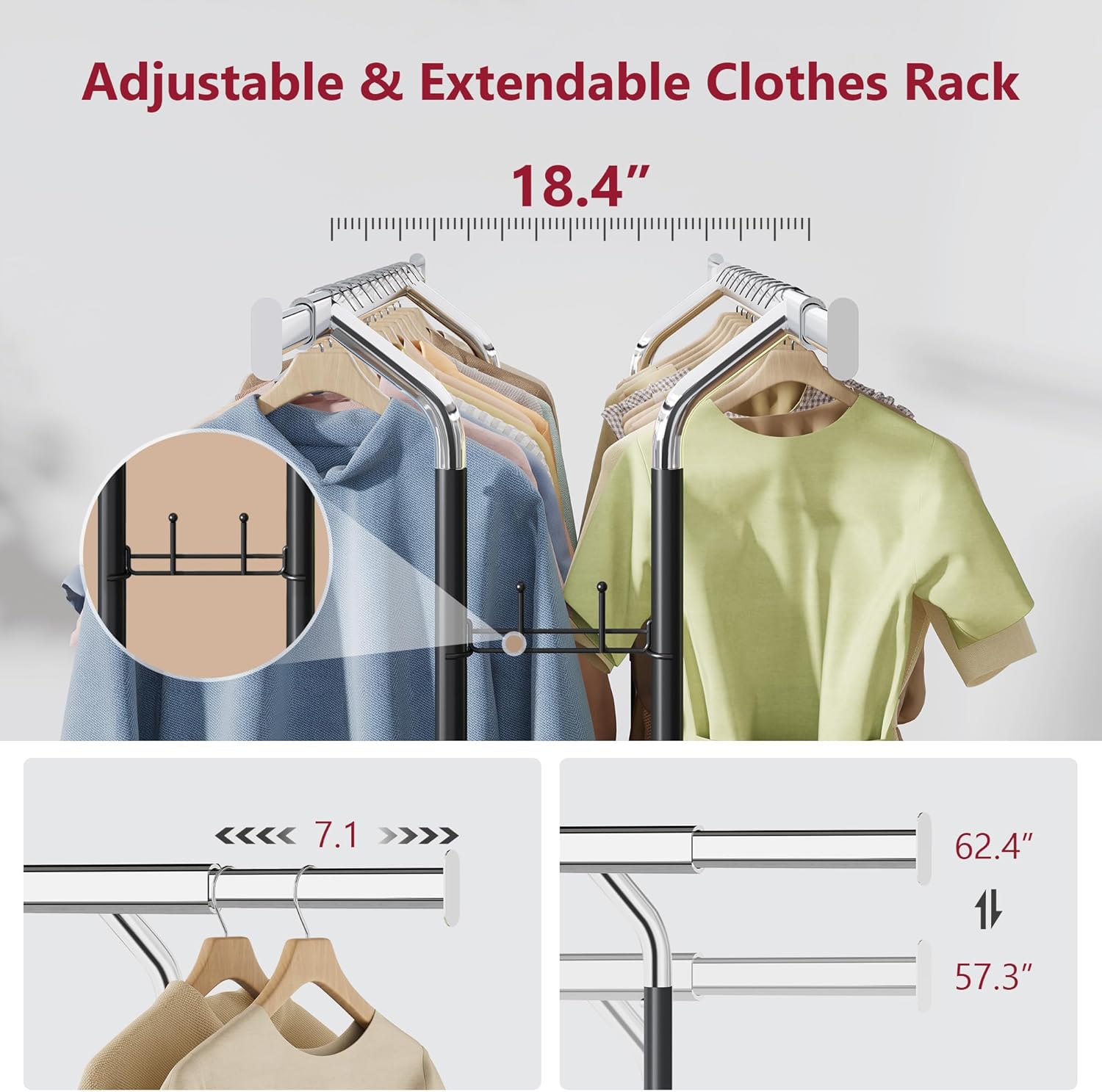 Tajsoon Double Rod Clothes Rack Load 480 LBS, Heavy Duty Rolling Garment Rack with Wheels, Collapsible Clothing Rack for Hanging Clothes, Commercial Adjustable Clothes Rack with Shelf, Black