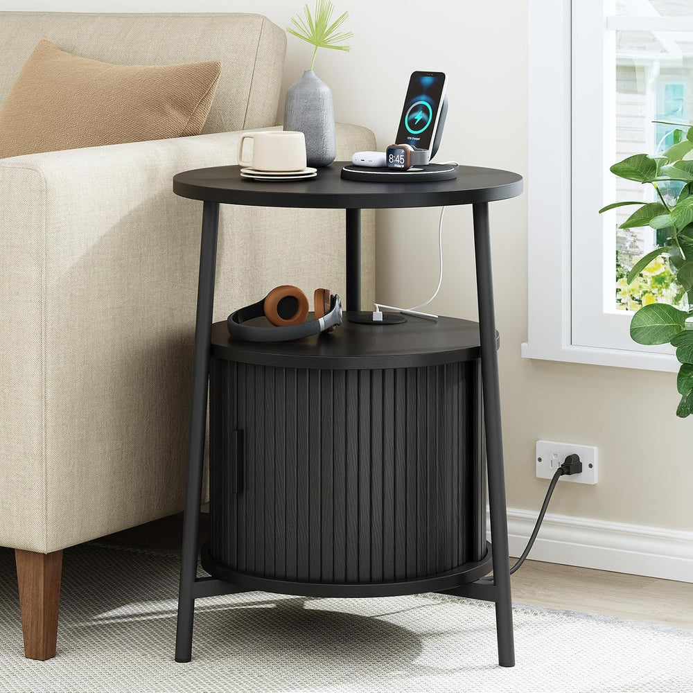 ONBRILL Round Side Table with Storage, Fluted Nightstand with Charging Statio...