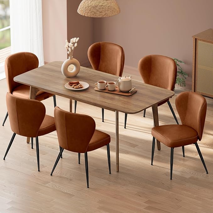 VASAGLE EKHO Collection - Dining Chairs Set of 6, Upholstered Kitchen Chairs, Comfortable Seat, Synthetic Leather with Stitching, Mid-Century Modern, Easy Assembly, Living Room Lounge, Caramel Brown