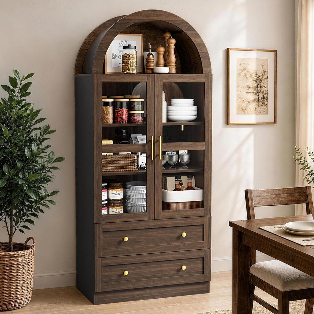 71" Tall Arched Kitchen Pantry Cabinet, Modern Farmhouse Kitchen Storage...