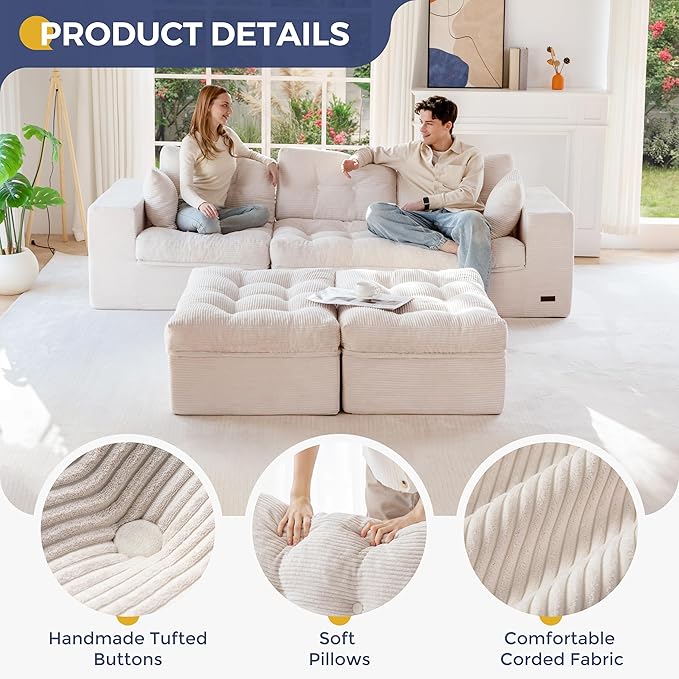MAXYOYO 104" U Shaped Modular Sectional Sofa with 2 Ottomans, Cloud Boneless Couch with Layered Cushion, Flexible Module Combination Sofa for Living Room, No Assembly Required, Beige
