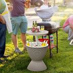 Giantex Outdoor Ice Cooler Side Table with Adjustable Height, 8 Gal Beverage Bucket with Drain Plug, Rattan Patio Bar Table for Poolside, Deck, BBQ & Backyard Parties