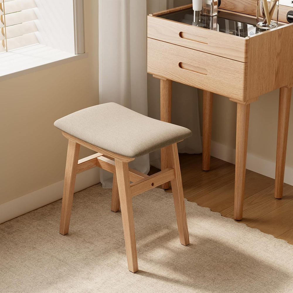 Muwuele Solid Wood Vanity Stool, Compact Makeup Chair with Saddle Cushion, Li...