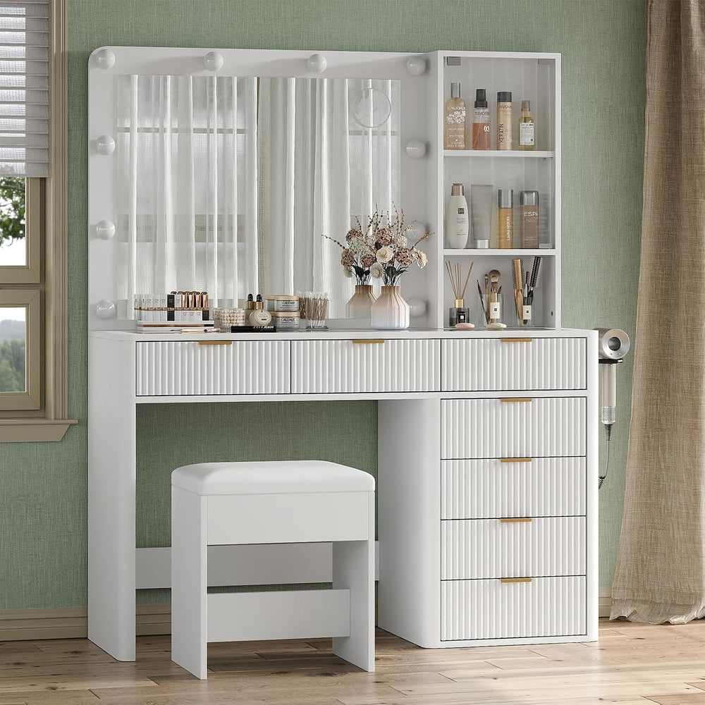 Yanosaku 47" Fluted Vanity Desk with Mirror & LED Lights, 7-Drawer M...