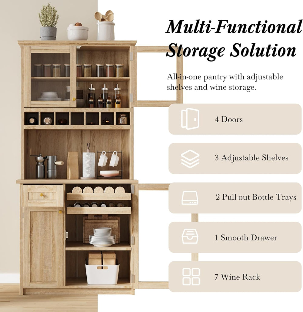 Polibi Farmhouse Freestanding Kitchen Pantry Cabinet Buffet with Hutch, Wine ...