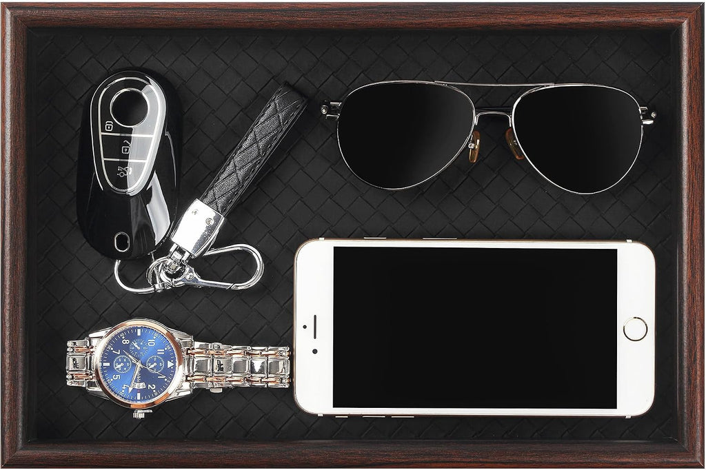 Wooden Valet Tray with Leather Base - Nightstand Catchall Organizer for Cologne, Perfume, Keys, Wallet, Phone, Watch, Jewelry & Sunglasses (Black)