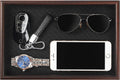 Wooden Valet Tray with Leather Base - Nightstand Catchall Organizer for Cologne, Perfume, Keys, Wallet, Phone, Watch, Jewelry & Sunglasses (Black)