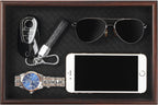 Wooden Valet Tray with Leather Base - Nightstand Catchall Organizer for Cologne, Perfume, Keys, Wallet, Phone, Watch, Jewelry & Sunglasses (Black)