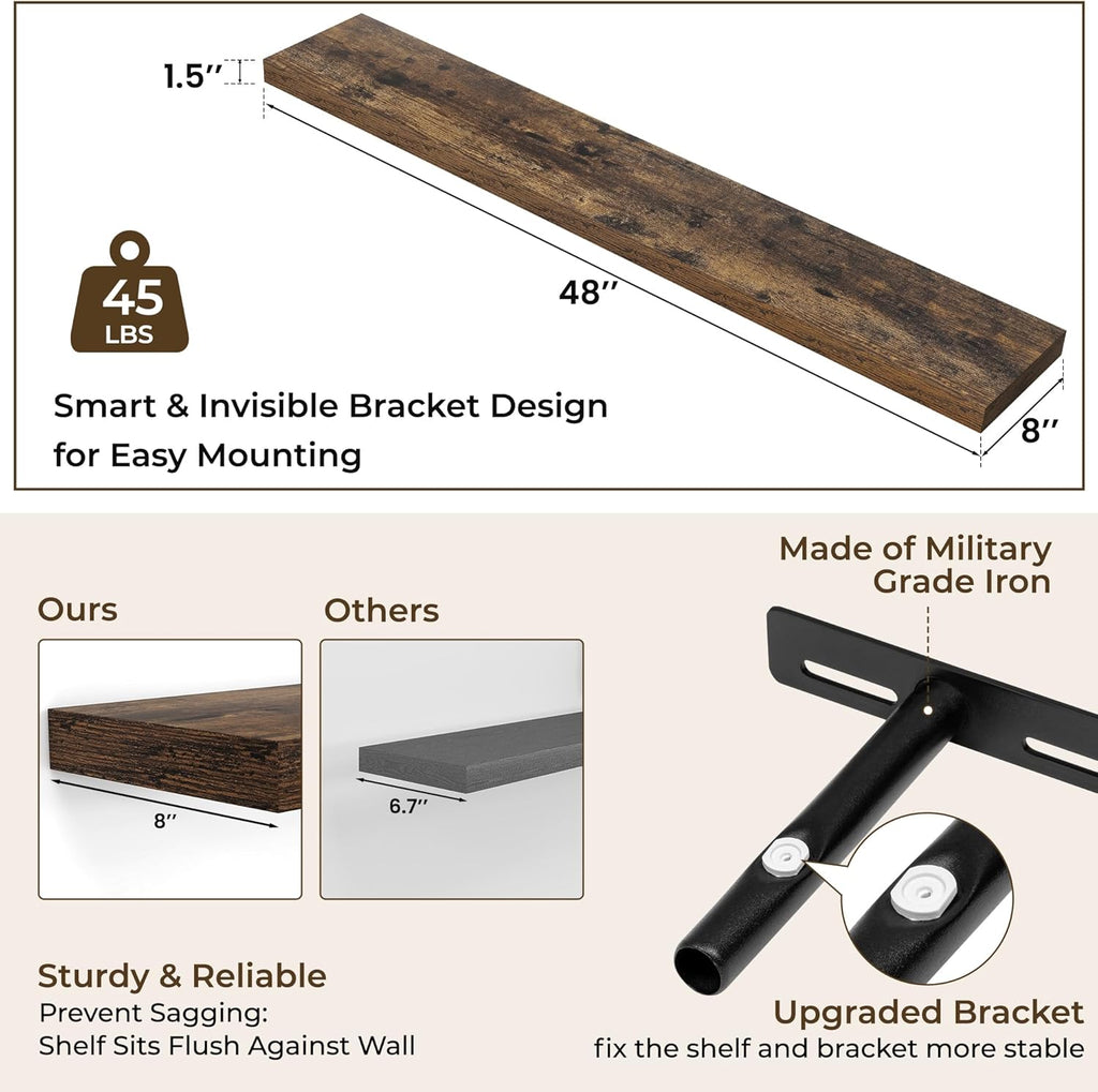 RICHFOCUS 48Inch Floating Shelves for Wall 1 Pack Shelves for Bedroom|Kitchen|Bathroom Wall Mounted Rustic Wood Floating Shelf with Invisible Brackets for Books|Storage|Decor, Rustic Brown