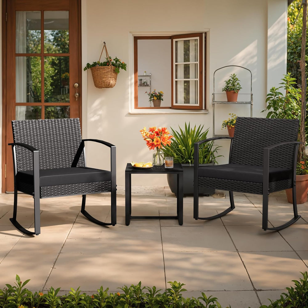 Greesum 3 Pieces Outdoor Furniture Set Patio Bistro Rocking Chairs with Glass...