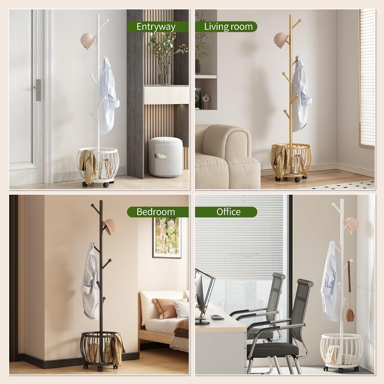 Coat Rack Freestanding Coat Stand with Basket 6 Hooks Wheels,Gold | Metal Coat Rack Stand Coat Tree for Home Entryway Bedroom Living Room Office Corner Modern Organizer for Scarf Jacket Hat Bag