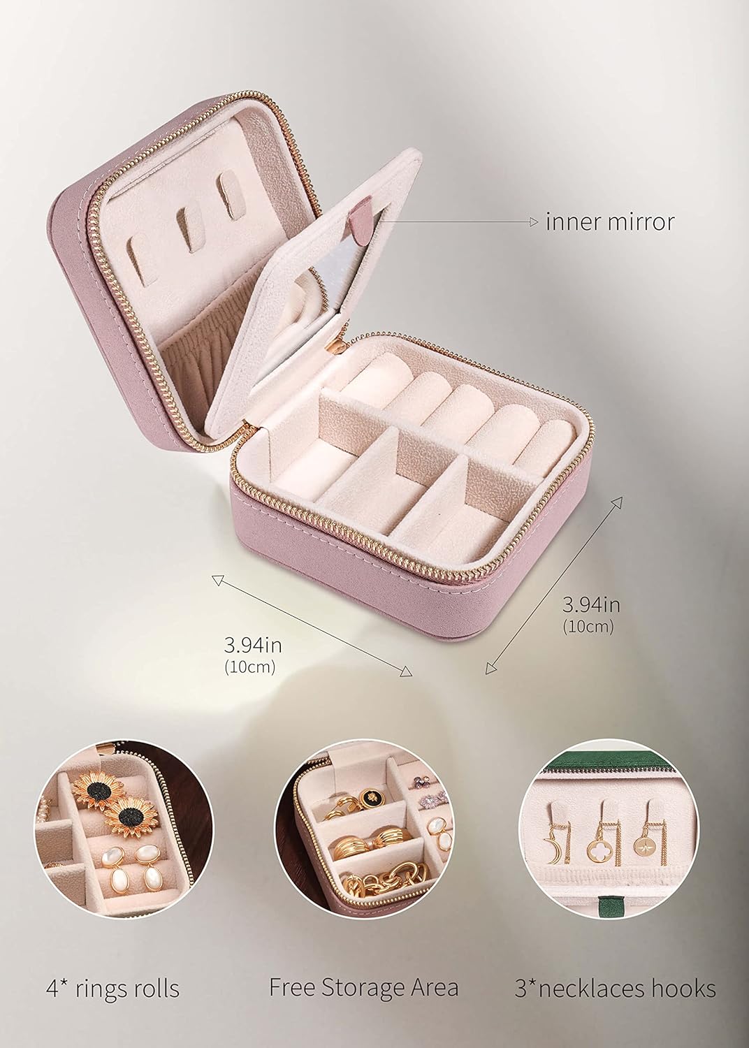 S.Leaf Travel Jewelry Organizer Boxes for Women Small Portable Necklace Earrings Bracelet Rings Travel Case Best Friend Birthday Gifts for Women Trendy (05_Suede_Touch_Dust_Pink)