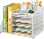Lavatino 5-Tier Desk Organizer with 2 File Holders, Metal Adjustable Paper Letter Tray for Office or Home Desk Organizers and Accessories | 7 Flexible Dividers Keep Workspace Supplies Neat, White