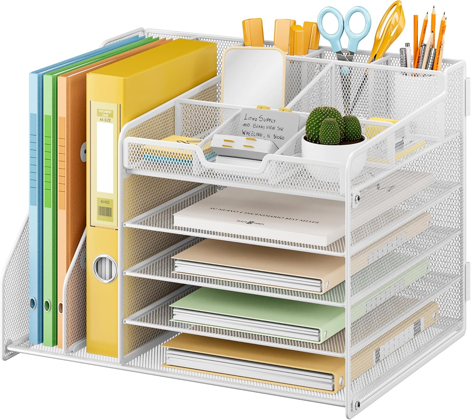 Lavatino 5-Tier Desk Organizer with 2 File Holders, Metal Adjustable Paper Letter Tray for Office or Home Desk Organizers and Accessories | 7 Flexible Dividers Keep Workspace Supplies Neat, White