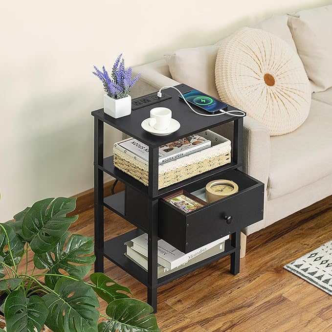 Lerliuo Nightstand with Charging Station and USB Ports, 3-Tier Storage End Ta...