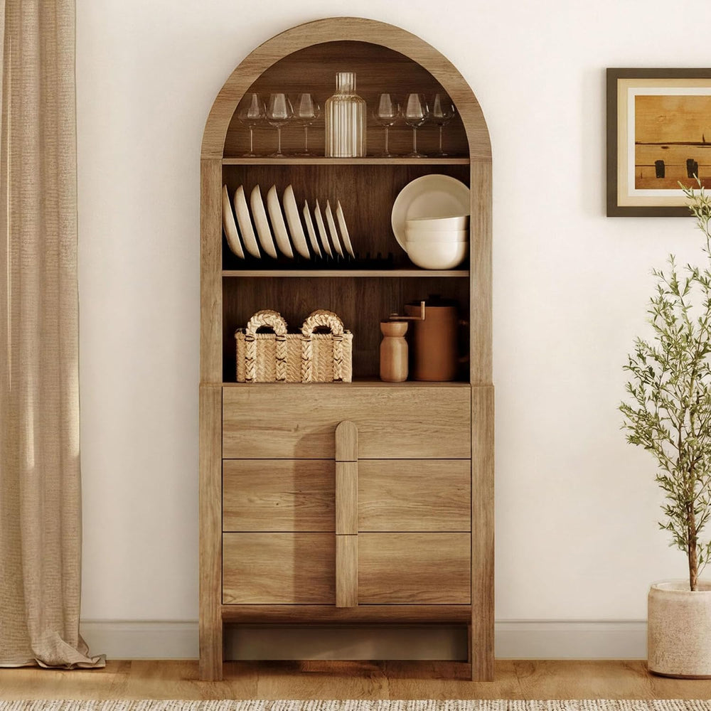 WAMPAT 71" Tall Arched Kitchen Pantry Cabinet with 3 Drawers,5 Tiers Mod...