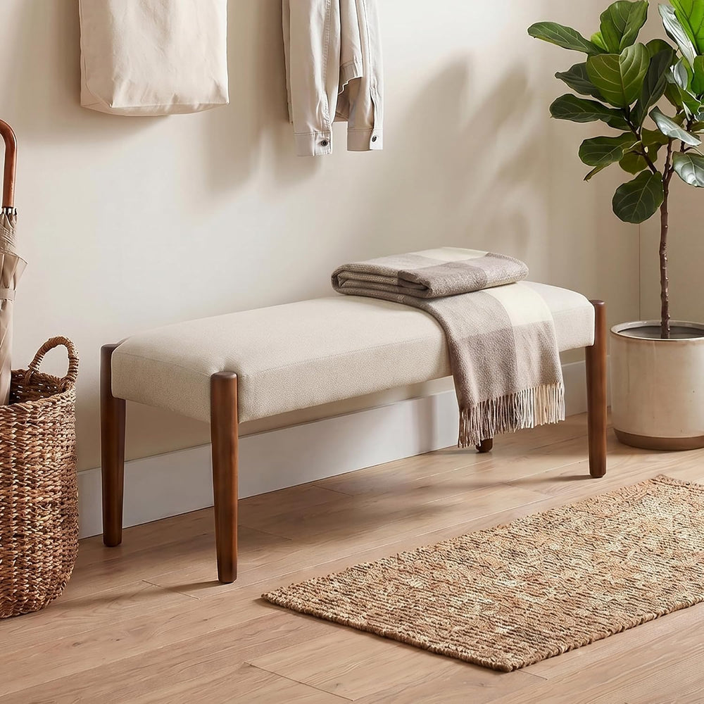 Usaint 42" End of Bed Bench with Wood Legs, Beige with Walnut Leg | Mode...