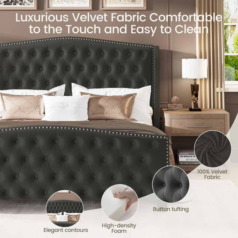 LARMACE King Size Bed Frame Velvet Upholstered Platform Bed with Wingback Hea...