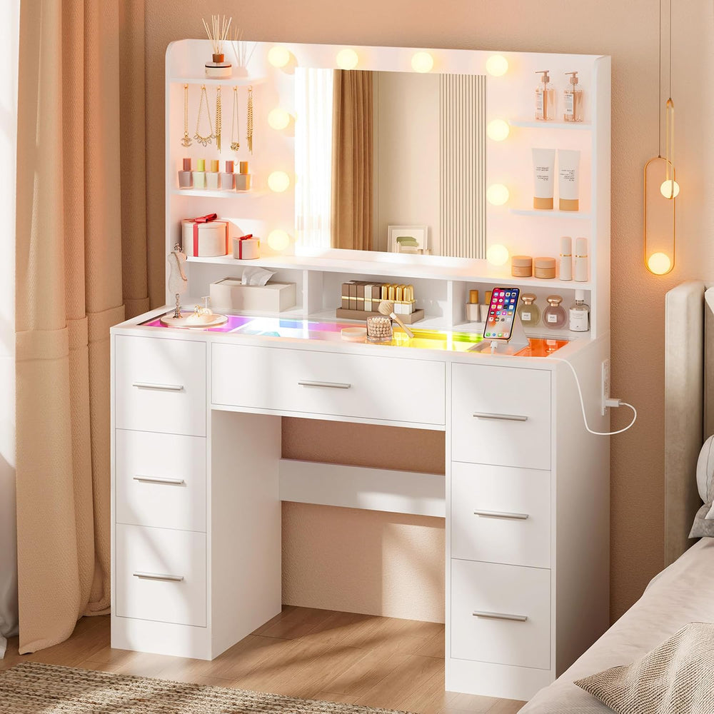 ERLEJIA Vanity Desk with Mirror and Lights, 41.34" 7-Drawer Makeup Table...