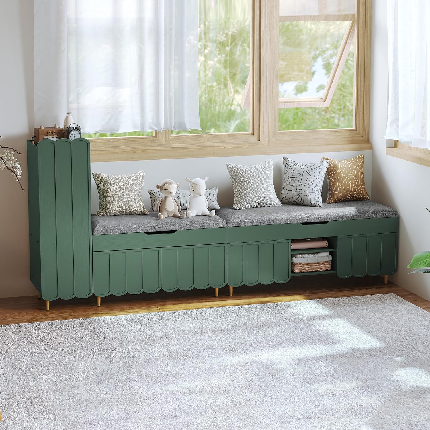 3More 40" Entryway Shoe Storage Bench,Upholstered Hidden Space Beneath Seat Cushion Bench,2-Tier Unique Geometric Shape with Wood Grain,Green