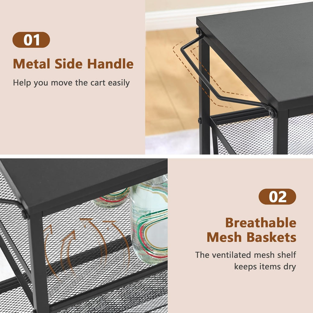 Hoctieon Rolling Storage Cart, 4-Tier Wide Panel Rolling Kitchen Storage Cart, Utility Cart with Handle & Wheels, Mobile Shelving Unit, Metal Frame Narrow Cart for Home Kitchen, Laundry, Black