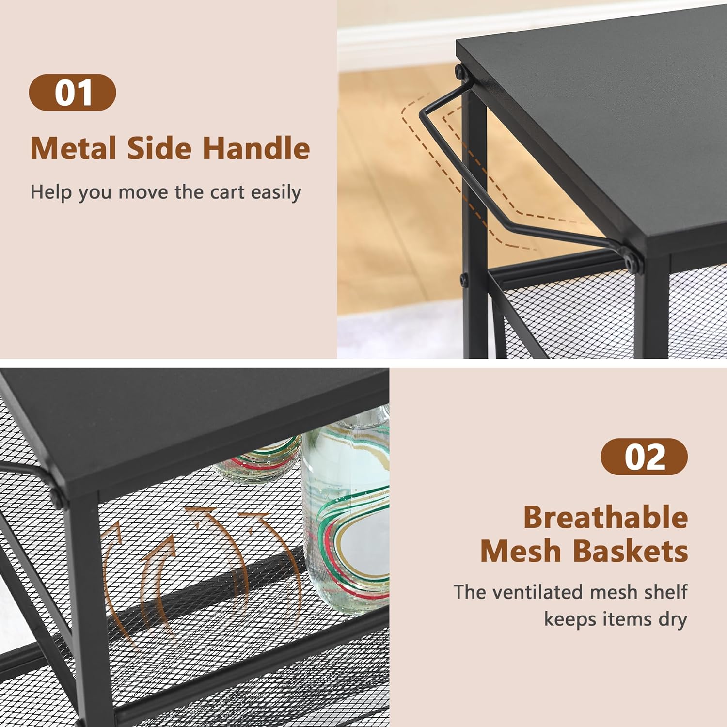 Hoctieon Rolling Storage Cart, 4-Tier Wide Panel Rolling Kitchen Storage Cart, Utility Cart with Handle & Wheels, Mobile Shelving Unit, Metal Frame Narrow Cart for Home Kitchen, Laundry, Black
