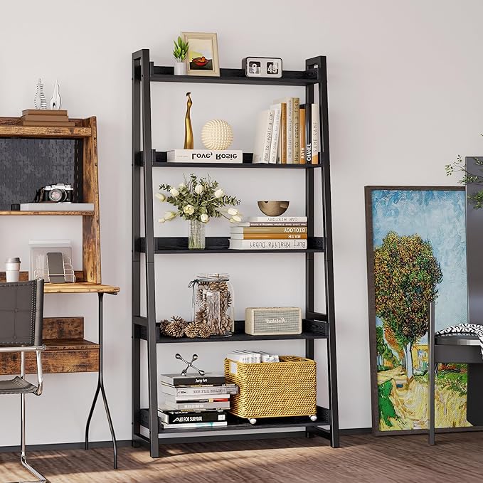 IRONCK Industrial Bookshelf 5-Tier 31.5 in Wide, Bookcase Ladder Shelf, Stora...