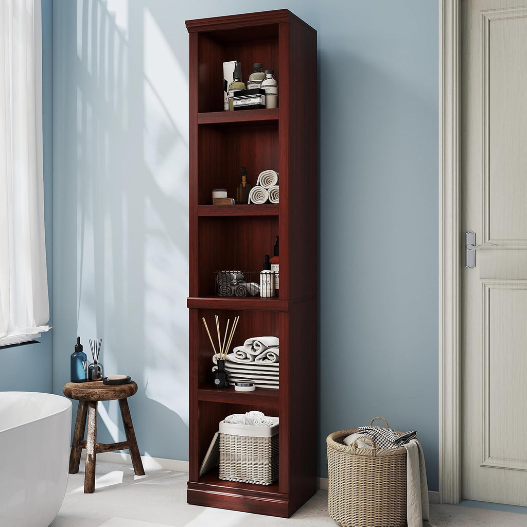 70" Tall Mahogany Bookcase, 5 Tiers Narrow Bookshelf for Living Room | 15" Wide Book shelf, Book Case for Hallway Kitchen Home Office Bathroom, Open Storage Organizer with Adjustable Shelf