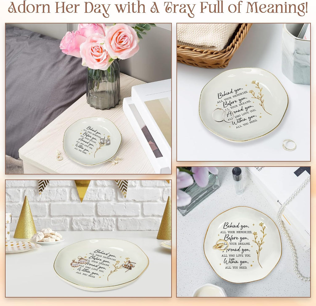 Graduation Gifts for Women Her - 4"x4" Ceramic Jewelry Dish Tray | Graduation Gift, Inspirational Gifts for Women, Ring Dish for Women, Gold Trim Design, Desk Vanity Decor, Polished Finish