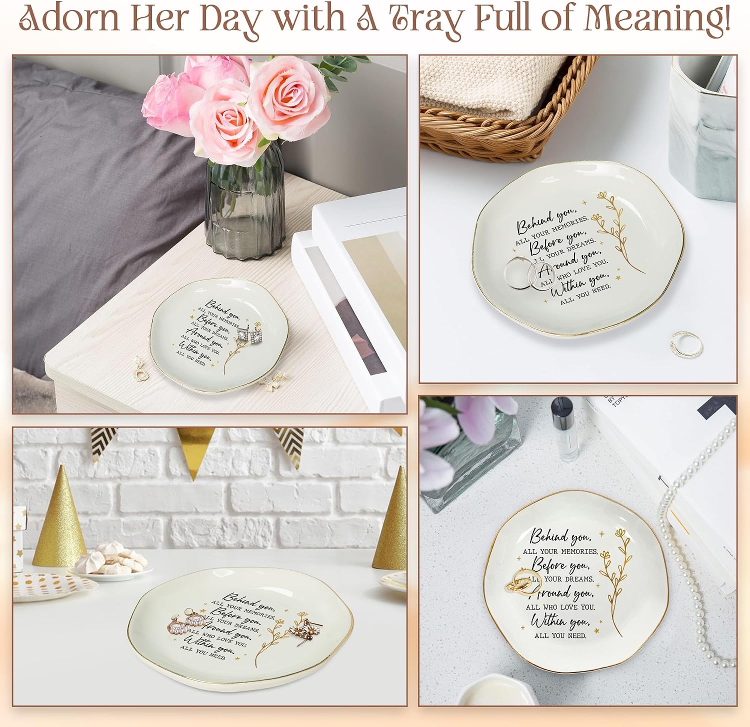 Graduation Gifts for Women Her - 4"x4" Ceramic Jewelry Dish Tray | Graduation Gift, Inspirational Gifts for Women, Ring Dish for Women, Gold Trim Design, Desk Vanity Decor, Polished Finish