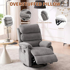 Premium Velvet 360° Swivel Rocker Recliner with Extended Footrest - High Back Glider Chair for Nursery, Living Room & Small Spaces, Featuring Padded Armrests and Handy Side Pocket, Grey