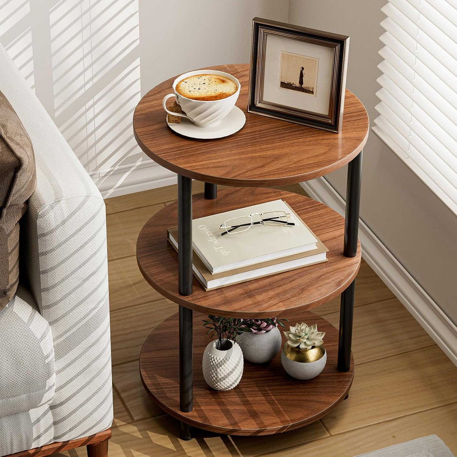 XBurmo Round Coffee Table for Living Room - Narrow Side or Bedside Stand, Industrial Vintage Nightstand for Bedroom, or Small Spaces, Rustic Walnut