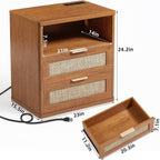 LEYAOYAO Rattan Night Stand with Charger Station, 23" Wide Boho Nightstand with 2 Drawers, Natural Wood Bedside Table Open Storage Cabinet, Bed Side End Tables Dresser for Bedroom, Living Room Hallway