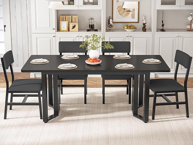 Itaar 5-Piece Dining Table Set for 4-6 People, 63" Extendable Kitchen Table and 4 Cushion Chairs, Dining Room Table with MDF Board & Metal Frame for Small Space, Easy Clean, Black
