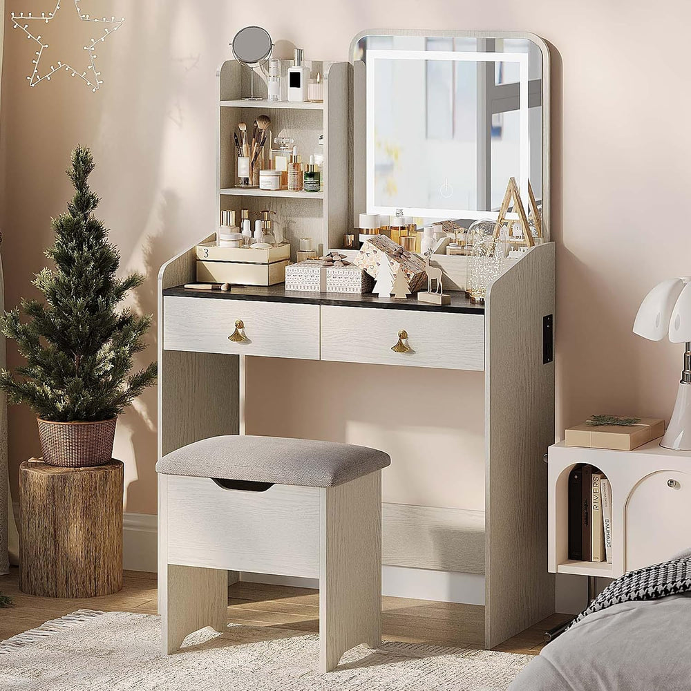 GarveeHome Vanity Desk with LED Light Mirror and Charging Station, Small Make...