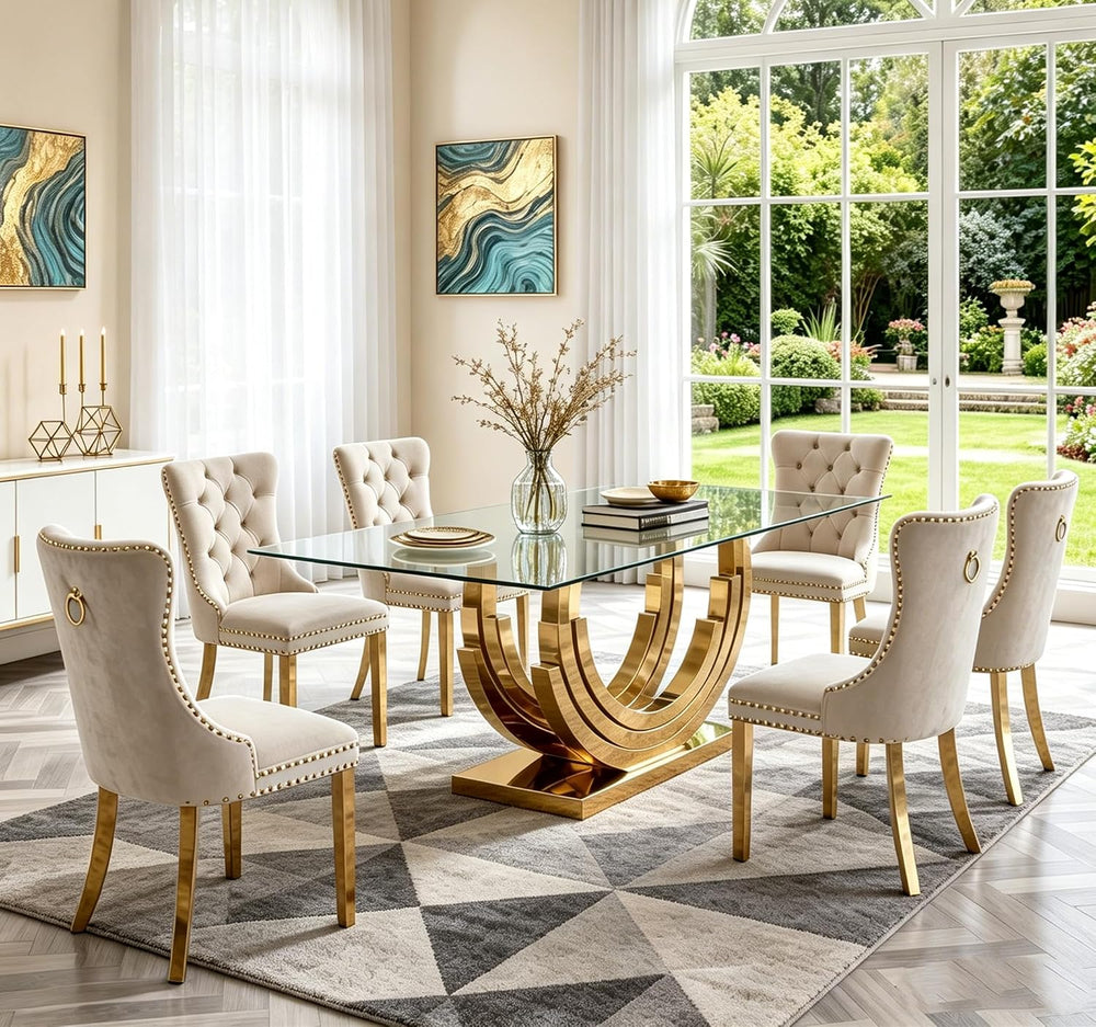 SSLine 7-Piece Gold Glass Dining Table Set for 6, Modern Luxury 70" Glas...