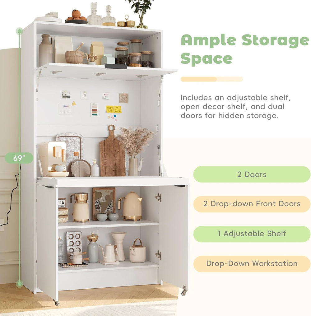 Farmhouse Kitchen Pantry Cabinet with Foldable Workstation, Kitchen Storage C...