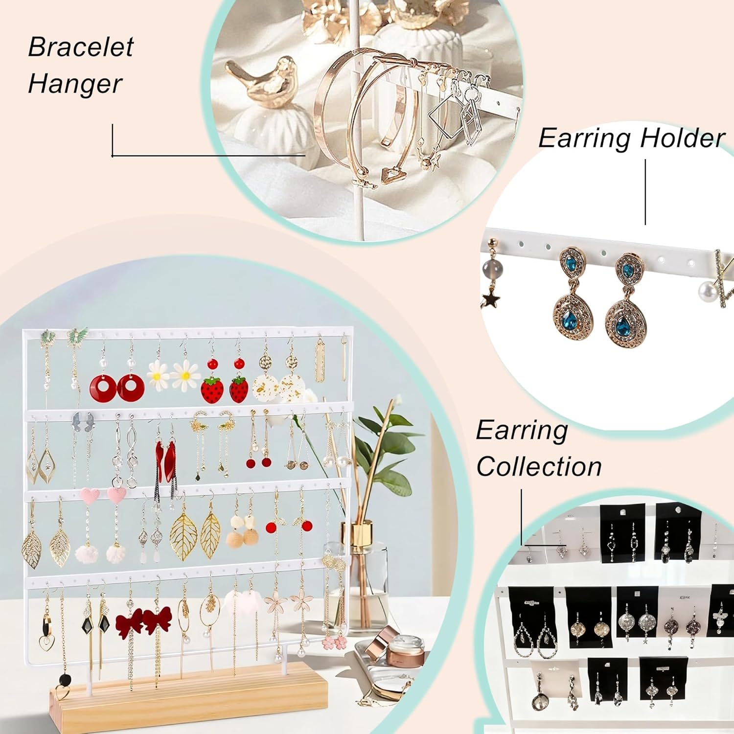 Earring Organizer Stand for Women, 4 Tier Tall Jewelry Holder Organizer Rack, Tabletop Display Rack Multiple Pierced Earrings, Wood and Iron Hanging Jewelry Organizer