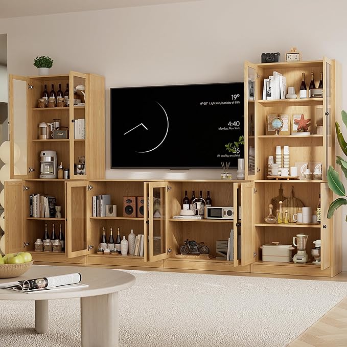 TUSY 71" TV Stand Storage Set - 2 Tall Bookcases & 2 Side Cabinets, Media Console with Glass & Wood Doors, Entertainment Center with Drawers, Tall Media Console for Living Room (Wood, ADDA)