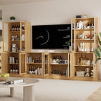 TUSY 71" TV Stand Storage Set - 2 Tall Bookcases & 2 Side Cabinets, Media Console with Glass & Wood Doors, Entertainment Center with Drawers, Tall Media Console for Living Room (Wood, ADDA)