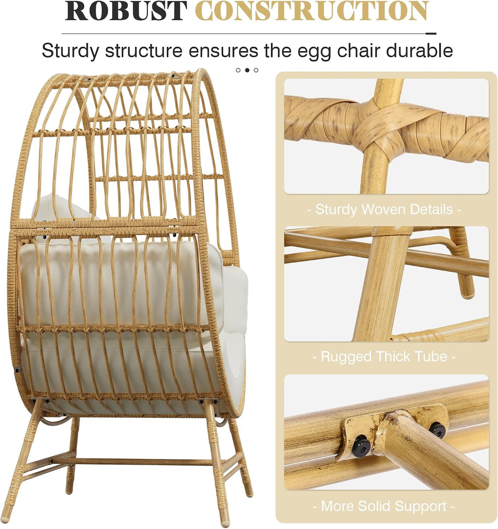 Bifanuo Oversized Egg Chair Indoor/Outdoor Rattan Hanging Basket Chair with Thickened Cushion Supports 350LBS – Wicker Patio Lounge Chair for Balcony Porch Living Room Backyard (Beige)