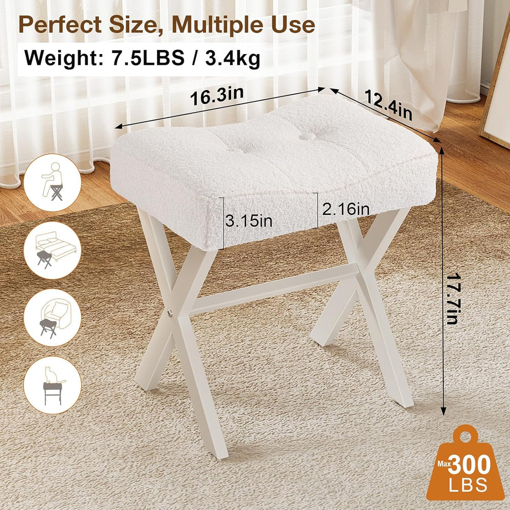 18-Inch Vanity Stool Chair, White Padded Saddle Makeup Stool