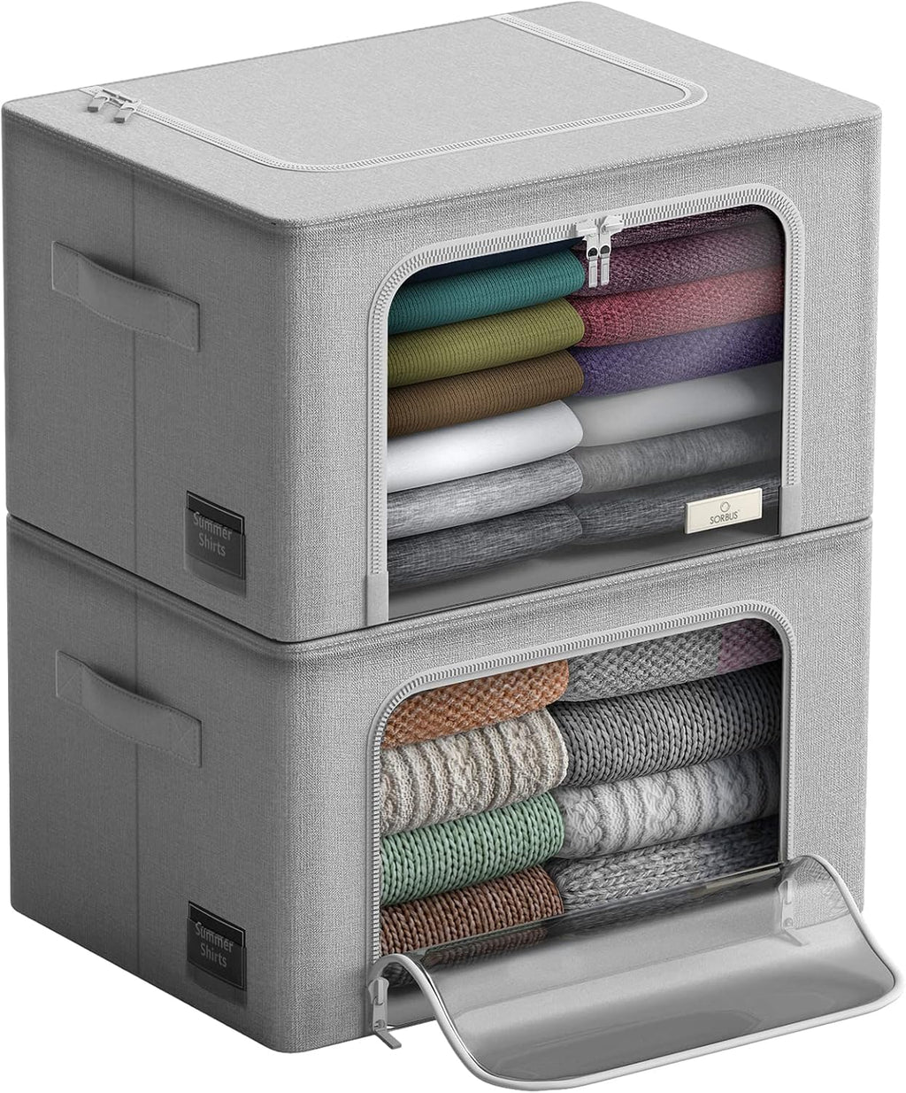 Storage Bins with Metal Frame - Stackable & Foldable Clothes Organizer Bags - Oxford Fabric Storage Containers with Large Clear Window & Carry Handles, Organization for Bedding, Linen, Clothes & More