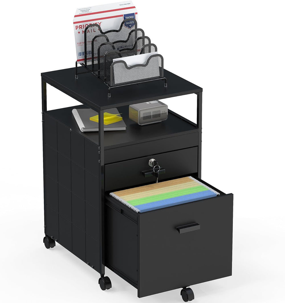 SHW Box File Rolling Mobile Cabinet with Lockable Drawer, Black | Open Shelf ...