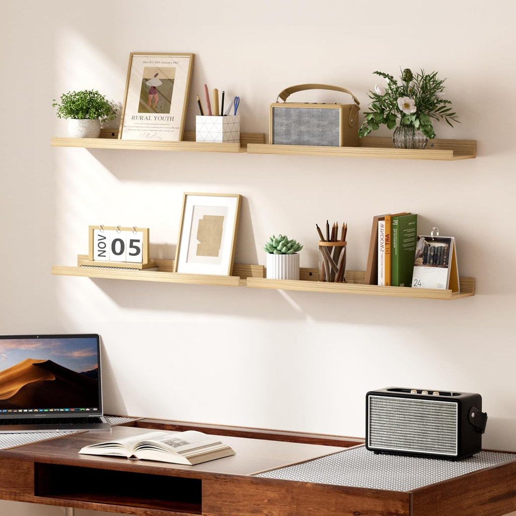 upsimples Floating Shelves for Wall, 23.6 Inch Shelves for Decor Storage Set of 6, Wall Mounted Wood Shelf for Bedroom, Living Room, Bathroom, Kitchen, Long Picture Ledge Shelves, Natural