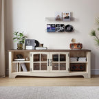 LINSY HOME TV Stand for 75 Inch TV, Modern Farmhouse Entertainment Center with Storage Cabinets and Glass Doors, Tall Media Console Table for Living Room, Bedroom, Large Long Television Stand, Beige