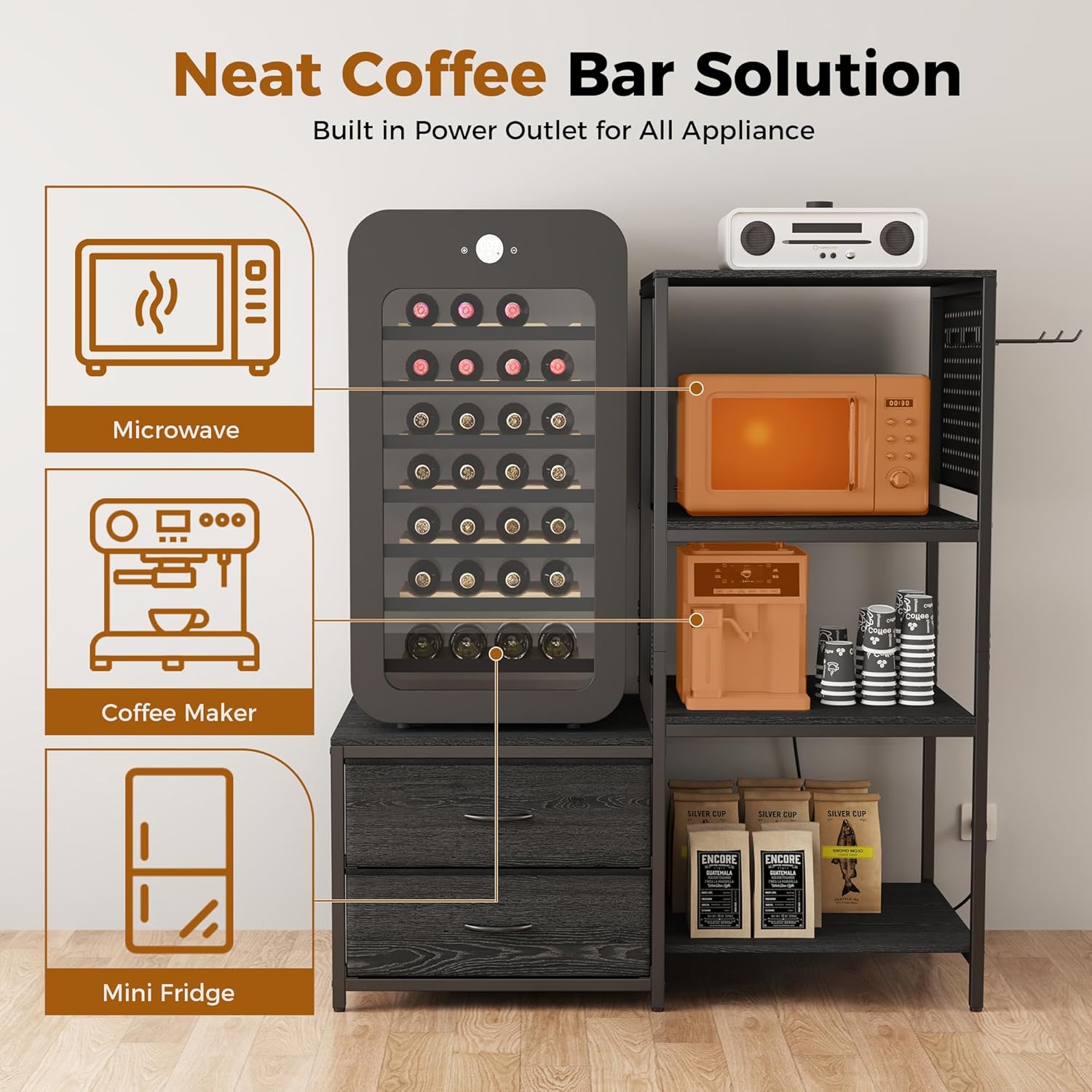 Mini Fridge Stand with Adjustable Shelf, Power Outlet & Storage, Kitchen Organizer for Microwave, Coffee Bar, Dorm, Office (Black)