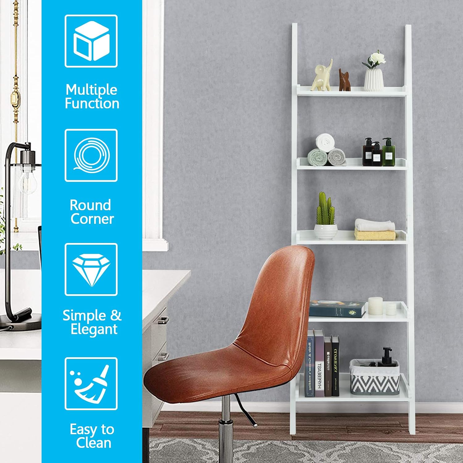Multigot 5 Tier Ladder Shelf, Wooden Leaning Wall Rack, Ladder Shelving Unit for Flower, Plant, Toy and Book