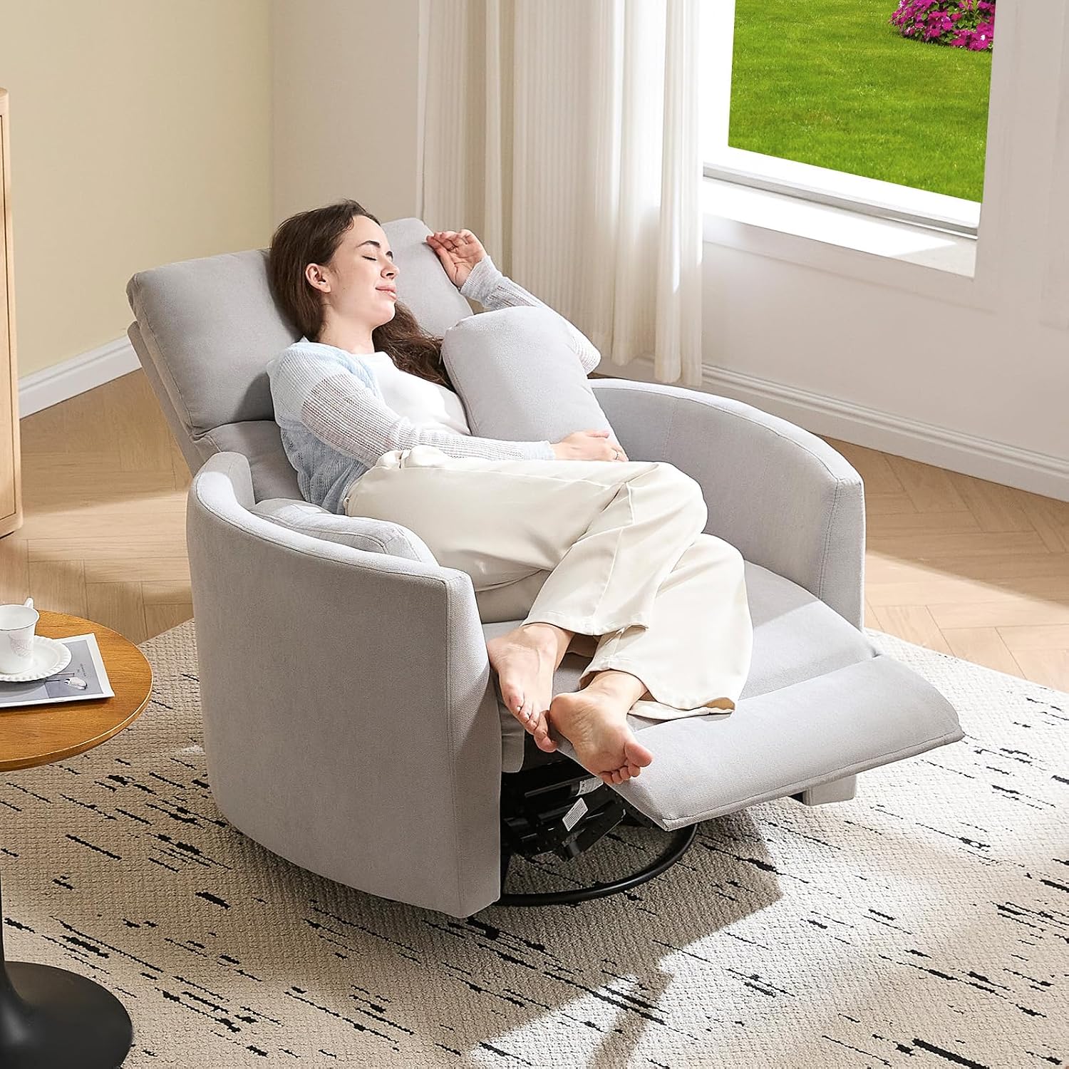 Jocisland Power Rocking Nursery Chair/Swivel Recliner/USB, Grey Fabric | Oversized Glider Chairs,Fabric,2 Pillows,USB & Type-C,Reclining Armchair Sofa,Living Room,Bedroom,Nursing