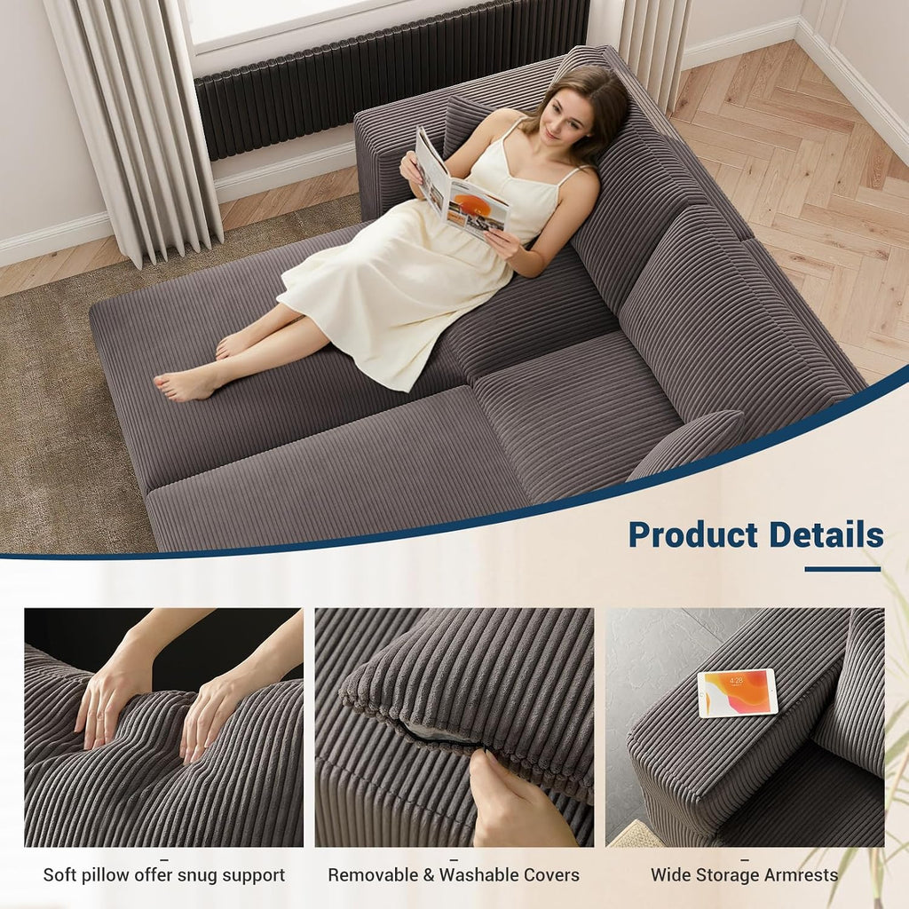 Modular Sleeper Sofa Bed Modern Sectional Couches for Living Room - 79" Boneless Cloud Couch - No Assembly Required Corduroy Convertible Sponge Compression Sofas with Chaise for Home House(Grey)